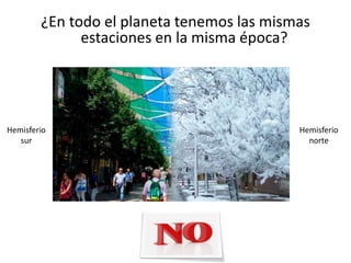 ¿En todo el planeta tenemos las mismas
estaciones en la misma época?
Hemisferio
norte
Hemisferio
sur
 