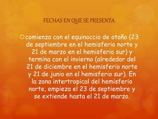 FECHAS EN QUE SE PRESENTA
comienza con el equinoccio de otoño (23
de septiembre en el hemisferio norte y
21 de marzo en el hemisferio sur) y
termina con el invierno (alrededor del
21 de diciembre en el hemisferio norte
y 21 de junio en el hemisferio sur). En
la zona intertropical del hemisferio
norte, empieza el 23 de septiembre y
se extiende hasta el 21 de marzo.
 