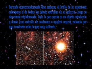 • Durante aproximadamente una semana, el brillo de la supernova
  sobrepasa el de todas las demás estrellas de su galaxia. Luego se
  desvanece rápidamente. Todo lo que queda es un objeto minúsculo
  y denso (una estrella de neutrones o agujero negro), rodeado por
  una creciente nube de gas muy caliente.
 