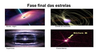 Fase final das estrelas
·Burato negro. ·Estrela de neutrones.
·Supernova. ·Enana blanca.
 