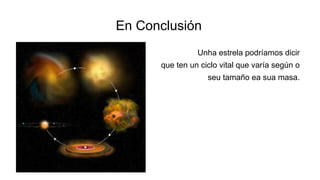 En Conclusión
Unha estrela podríamos dicir
que ten un ciclo vital que varía según o
seu tamaño ea sua masa.
 