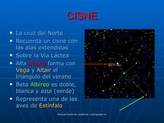 CISNE
   La cruz del Norte
   Recuerda un cisne con
    las alas extendidas
   Sobre la Vía Láctea
   Alfa Deneb forma con
    Vega y Altair el
    triángulo del verano
   Beta Albireo es doble,
    blanca y azul (verde)
   Representa una de las
    aves de Estínfalo
                  Manuel Gutiérrez Gutiérrez. Latinquasar.org. Salamanca (España)
 