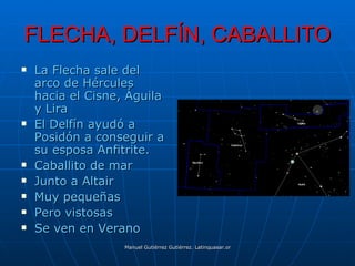 FLECHA, DELFÍN, CABALLITO
   La Flecha sale del
    arco de Hércules
    hacia el Cisne, Águila
    y Lira
   El Delfín ayudó a
    Posidón a conseguir a
    su esposa Anfitrite.
   Caballito de mar
   Junto a Altair
   Muy pequeñas
   Pero vistosas
   Se ven en Verano
                   Manuel Gutiérrez Gutiérrez. Latinquasar.org. Salamanca (España)
 