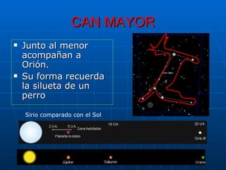 CAN MAYOR
   Junto al menor
    acompañan a
    Orión.
   Su forma recuerda
    la silueta de un
    perro

    Sirio comparado con el Sol




                      Manuel Gutiérrez Gutiérrez. Latinquasar.org. Salamanca (España)
 