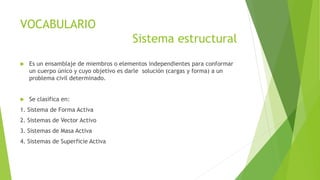 VOCABULARIO 
Sistema estructural 
 Es un ensamblaje de miembros o elementos independientes para conformar 
un cuerpo único y cuyo objetivo es darle solución (cargas y forma) a un 
problema civil determinado. 
 Se clasifica en: 
1. Sistema de Forma Activa 
2. Sistemas de Vector Activo 
3. Sistemas de Masa Activa 
4. Sistemas de Superficie Activa 
 