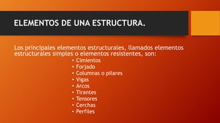 ELEMENTOS DE UNA ESTRUCTURA.
Los principales elementos estructurales, llamados elementos
estructurales simples o elementos resistentes, son:
• Cimientos
• Forjado
• Columnas o pilares
• Vigas
• Arcos
• Tirantes
• Tensores
• Cerchas
• Perfiles
 