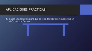 APLICACIONES PRACTICAS:
1. Busca una solución para que la viga del siguiente puente no se
deforme por flexión.
 
