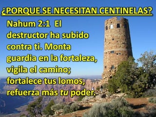 ¿PORQUE SE NECESITAN CENTINELAS?
Nahum 2:1 El
destructor ha subido
contra ti. Monta
guardia en la fortaleza,
vigila el camino;
fortalece tus lomos,
refuerza más tu poder.

 