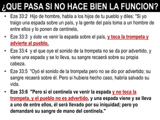 ¿QUE PASA SI NO HACE BIEN LA FUNCION?
• Eze 33:2 Hijo de hombre, habla a los hijos de tu pueblo y diles: "Si yo
traigo una espada sobre un país, y la gente del país toma a un hombre de
entre ellos y lo ponen de centinela,
• Eze 33:3 y éste ve venir la espada sobre el país, y toca la trompeta y
advierte al pueblo,
• Eze 33:4 y el que oye el sonido de la trompeta no se da por advertido, y
viene una espada y se lo lleva, su sangre recaerá sobre su propia
cabeza.
• Eze 33:5 "Oyó el sonido de la trompeta pero no se dio por advertido; su
sangre recaerá sobre él. Pero si hubiera hecho caso, habría salvado su
vida.
• Eze 33:6 "Pero si el centinela ve venir la espada y no toca la
trompeta, y el pueblo no es advertido, y una espada viene y se lleva
a uno de entre ellos, él será llevado por su iniquidad; pero yo
demandaré su sangre de mano del centinela."

 