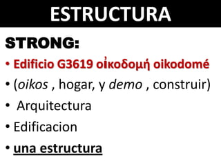 ESTRUCTURA
STRONG:
• Edificio G3619 οἰκοδομή oikodomé

• (oikos , hogar, y demo , construir)
• Arquitectura
• Edificacion
• una estructura

 