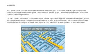 LA DIRECCIÓN
Es la aplicación de los conocimientos en la toma de decisiones; para la discusión de este papel se debe saber
cómo es el comportamiento de la gente, como individuo y como grupo. De manera apropiada para alcanzar los
objetivos de una organización
La Dirección será eficiente en cuanto se encamine hacia el logro de los objetivos generales de la empresa, y estos
sólo podrán alcanzarse si los subordinados se interesan en ellos, lo que se facilitará si sus objetivos individuales
son satisfechos al conseguir las metas de la organización y si estas no se contraponen a su autorrealización.
 