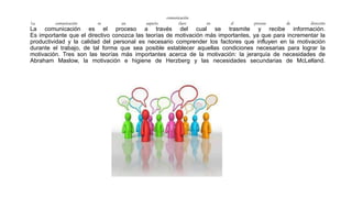 comunicación
La comunicación es un aspecto clave en el proceso de dirección
La comunicación es el proceso a través del cual se trasmite y recibe información.
Es importante que el directivo conozca las teorías de motivación más importantes, ya que para incrementar la
productividad y la calidad del personal es necesario comprender los factores que influyen en la motivación
durante el trabajo, de tal forma que sea posible establecer aquellas condiciones necesarias para lograr la
motivación. Tres son las teorías más importantes acerca de la motivación: la jerarquía de necesidades de
Abraham Maslow, la motivación e higiene de Herzberg y las necesidades secundarias de McLelland.
 