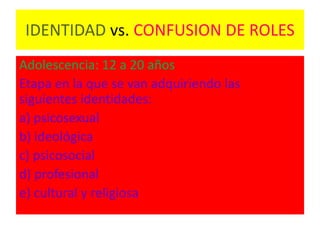 IDENTIDAD vs. CONFUSION DE ROLES
Adolescencia: 12 a 20 años
Etapa en la que se van adquiriendo las
siguientes identidades:
a) psicosexual
b) ideológica
c) psicosocial
d) profesional
e) cultural y religiosa
 