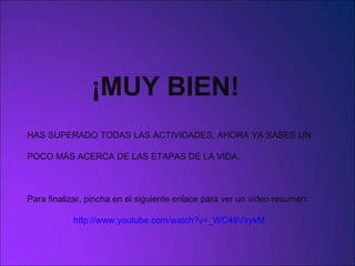¡MUY BIEN!  HAS SUPERADO TODAS LAS ACTIVIDADES, AHORA YA SABES UN POCO MÁS ACERCA DE LAS ETAPAS DE LA VIDA. Para finalizar, pincha en el siguiente enlace para ver un video resumen: http:// www.youtube.com / watch?v =_ WC48VirykM 