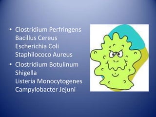 Clostridium PerfringensBacillus CereusEscherichia ColiStaphilococo AureusClostridium BotulinumShigellaListeria MonocytogenesCampylobacter Jejuni