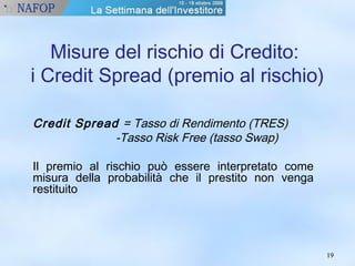 1199 
Misure del rischio di Credito: 
i Credit Spread (premio al rischio) 
Credit Spread = Tasso di Rendimento (TRES) 
-Tasso Risk Free (tasso Swap) 
Il premio al rischio può essere interpretato come 
misura della probabilità che il prestito non venga 
restituito 
 