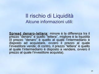 2255 
Il rischio di Liquidità 
Alcune informazioni utili: 
SSpprreeaadd ddeennaarroo--lleetttteerraa:: mmiinnoorree èè llaa ddiiffffeerreennzzaa ttrraa iill 
pprreezzzzoo ““ddeennaarroo”” ee qquueelllloo ““lleetttteerraa””,, mmiigglliioorree èè llaa lliiqquuiiddiittàà 
((iill pprreezzzzoo ““ddeennaarroo”” èè qquueelllloo aall qquuaallee ll’’iinntteerrmmeeddiiaarriioo èè 
ddiissppoossttoo aadd aaccqquuiissttaarree,, oovvvveerroo iill pprreezzzzoo aall qquuaallee 
ll’’iinnvveessttiittoorree vveennddee;; ddii ccoonnttrroo,, iill pprreezzzzoo ““lleetttteerraa”” èè qquueelllloo 
aall qquuaallee ll’’iinntteerrmmeeddiiaarriioo èè ddiissppoossttoo aa vveennddeerree,, oovvvveerroo iill 
pprreezzzzoo aall qquuaallee ll’’iinnvveessttiittoorree aaccqquuiissttaa)).. 
 