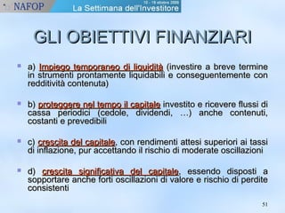 5511 
GGLLII OOBBIIEETTTTIIVVII FFIINNAANNZZIIAARRII 
 aa)) IImmppiieeggoo tteemmppoorraanneeoo ddii lliiqquuiiddiittàà ((iinnvveessttiirree aa bbrreevvee tteerrmmiinnee 
iinn ssttrruummeennttii pprroonnttaammeennttee lliiqquuiiddaabbiillii ee ccoonnsseegguueenntteemmeennttee ccoonn 
rreeddddiittiivviittàà ccoonntteennuuttaa)) 
 bb)) pprrootteeggggeerree nneell tteemmppoo iill ccaappiittaallee iinnvveessttiittoo ee rriicceevveerree fflluussssii ddii 
ccaassssaa ppeerriiooddiiccii ((cceeddoollee,, ddiivviiddeennddii,, ……)) aanncchhee ccoonntteennuuttii,, 
ccoossttaannttii ee pprreevveeddiibbiillii 
 cc)) ccrreesscciittaa ddeell ccaappiittaallee,, ccoonn rreennddiimmeennttii aatttteessii ssuuppeerriioorrii aaii ttaassssii 
ddii iinnffllaazziioonnee,, ppuurr aacccceettttaannddoo iill rriisscchhiioo ddii mmooddeerraattee oosscciillllaazziioonnii 
 dd)) ccrreesscciittaa ssiiggnniiffiiccaattiivvaa ddeell ccaappiittaallee,, eesssseennddoo ddiissppoossttii aa 
ssooppppoorrttaarree aanncchhee ffoorrttii oosscciillllaazziioonnii ddii vvaalloorree ee rriisscchhiioo ddii ppeerrddiittee 
ccoonnssiisstteennttii 
 