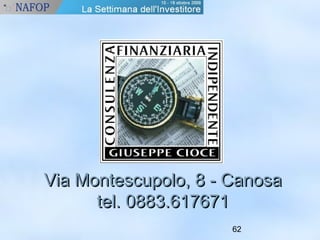 Via Montescupolo, 88 -- CCaannoossaa 
62 
tteell.. 00888833..661177667711 
