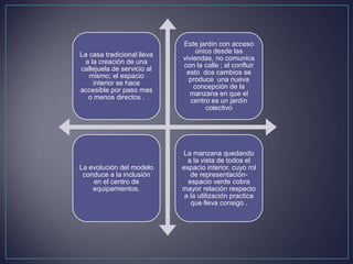 Este jardín con acceso
                                 único desde las
La casa tradicional lleva
                            viviendas, no comunica
 a la creación de una
                            con la calle ; al confluir
callejuela de servicio al
                             esto dos cambios se
   mismo; el espacio
                              produce una nueva
    interior se hace
                                concepción de la
accesible por paso mas
                              manzana en que el
  o menos directos .
                               centro es un jardín
                                    colectivo




                            La manzana quedando
                              a la vista de todos el
La evolución del modelo     espacio interior, cuyo rol
 conduce a la inclusión        de representación-
    en el centro de           espacio verde cobra
    equipamientos.          mayor relación respecto
                             a la utilización practica
                               que lleva consigo .
 
