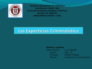 REPUBLICA BOLIVARIANA DE VENEZUELA
UNIVERSIDAD FERMIN TORO
FACULTAD DE CIENCIAS JURIDICAS Y POLITICAS
ESCUELA DE DERECHO
BARQUISIMETO ESTADO – LARA
Nombre y apellido:
Kuiman Patricia C.I.15.728.690
Sección: SAIA “G”
Profesora: Cristina Virguez
Materia: Introducción a la Criminalística
 