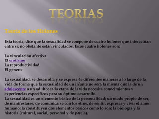 Teoría de los Holones
Esta teoría, dice que la sexualidad se compone de cuatro holones que interactúan
entre si, no obstante están vinculados. Estos cuatro holones son:
La vinculación afectiva
El erotismo
La reproductividad
El genero
La sexualidad, se desarrolla y se expresa de diferentes maneras a lo largo de la
vida de forma que la sexualidad de un infante no será la misma que la de un
adolescente o un adulto; cada etapa de la vida necesita conocimientos y
experiencias específicos para su óptimo desarrollo.
La sexualidad es un elemento básico de la personalidad; un modo propio de ser,
de manifestarse, de comunicarse con los otros, de sentir, expresar y vivir el amor
humano; la constituyen dos elementos básicos como lo son: la biología y la
historia (cultural, social, personal y de pareja).
 