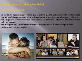 Teorías que explican la sexualidad:
Teoría del Aprendizaje
La teoría del aprendizaje sostiene que la determinación del género está condicionada
por los modelos personales y las influencias socio ambientales a los que el niños se
halla expuesto. En los primeros años de vida los modelos a observar e imitar son ante
todo los padres.
El niño aprende a copiar la conducta del progenitor del mismo sexo porque su
imitación es recompensada.
 