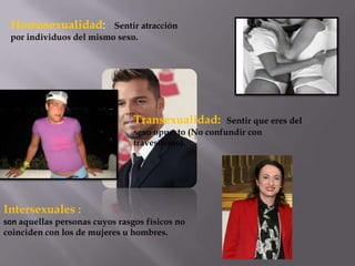 Homosexualidad: Sentir atracción
por individuos del mismo sexo.
Transexualidad: Sentir que eres del
sexo opuesto (No confundir con
travestismo).
Intersexuales :
son aquellas personas cuyos rasgos físicos no
coinciden con los de mujeres u hombres.
 