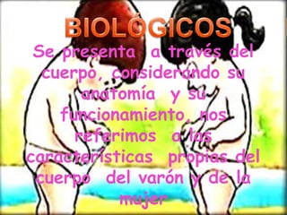 Se presenta a través del
cuerpo, considerando su
anatomía y su
funcionamiento, nos
referimos a las
características propias del
cuerpo del varón y de la
mujer
 