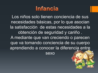 Los niños solo tienen conciencia de sus
necesidades básicas, por lo que asocian
la satisfacción de estas necesidades a la
obtención de seguridad y cariño .
A mediante que van creciendo o parecen
que va tomando conciencia de su cuerpo
aprendiendo a conocer la diferencia entre
sexo
 