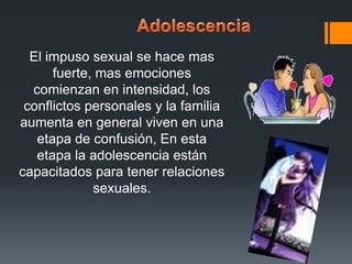 El impuso sexual se hace mas
fuerte, mas emociones
comienzan en intensidad, los
conflictos personales y la familia
aumenta en general viven en una
etapa de confusión, En esta
etapa la adolescencia están
capacitados para tener relaciones
sexuales.
 