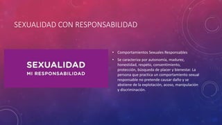 SEXUALIDAD CON RESPONSABILIDAD
• Comportamientos Sexuales Responsables
• Se caracteriza por autonomía, madurez,
honestidad, respeto, consentimiento,
protección, búsqueda de placer y bienestar. La
persona que practica un comportamiento sexual
responsable no pretende causar daño y se
abstiene de la explotación, acoso, manipulación
y discriminación.
 
