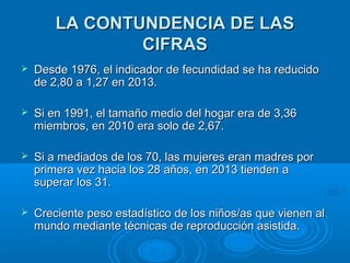 LLAA CCOONNTTUUNNDDEENNCCIIAA DDEE LLAASS 
CCIIFFRRAASS 
 DDeessddee 11997766,, eell iinnddiiccaaddoorr ddee ffeeccuunnddiiddaadd ssee hhaa rreedduucciiddoo 
ddee 22,,8800 aa 11,,2277 eenn 22001133.. 
 SSii eenn 11999911,, eell ttaammaaññoo mmeeddiioo ddeell hhooggaarr eerraa ddee 33,,3366 
mmiieemmbbrrooss,, eenn 22001100 eerraa ssoolloo ddee 22,,6677.. 
 SSii aa mmeeddiiaaddooss ddee llooss 7700,, llaass mmuujjeerreess eerraann mmaaddrreess ppoorr 
pprriimmeerraa vveezz hhaacciiaa llooss 2288 aaññooss,, eenn 22001133 ttiieennddeenn aa 
ssuuppeerraarr llooss 3311.. 
 CCrreecciieennttee ppeessoo eessttaaddííssttiiccoo ddee llooss nniiññooss//aass qquuee vviieenneenn aall 
mmuunnddoo mmeeddiiaannttee ttééccnniiccaass ddee rreepprroodduucccciióónn aassiissttiiddaa.. 
 