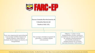 Fuerzas Armadas Revolucionarias de
Colombia-Ejército del
Pueblo (FARC-EP).
Tiene una organización esencialmente
rural aunque también dispone de
células urbanas, sobre todo en
ciudades donde impera la miseria y la
marginalidad.
Sus acciones consisten en guerra de
guerrillas y combate regular
convencional.
Objetivo: “acabar con las
desigualdades sociales, políticas y
económicas, la intervención militar y
de capitales estadounidenses
en Colombia mediante el
establecimiento de un Estado
marxista-leninista y bolivariano” .
Fuerzas Armadas Revolucionarias de Colombia – EcuRed.Ecured.cu. 2016. http://www.ecured.cu/Fuerzas_Armadas_Revolucionarias_de_Colombia
 