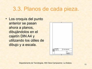 Departamento de Tecnologías. IES Clara Campoamor. La Solana.
11
3.3. Planos de cada pieza.
• Los croquis del punto
anterior se pasan
ahora a planos,
dibujándolos en el
cajetín DIN A4 y
utilizando los útiles de
dibujo y a escala.
 