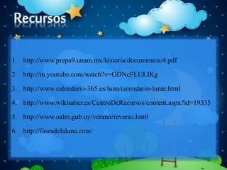 1. http://www.prepa9.unam.mx/historia/documentos/4.pdf
2. http://m.youtube.com/watch?v=GDNcFLULIKg
3. http://www.calendario-365.es/luna/calendario-lunar.html
4. http://www.wikisaber.es/CentroDeRecursos/content.aspx?id=19335
5. http://www.oalm.gub.uy/verano/reverso.html
6. http://fasesdelaluna.com/
 