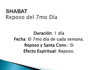 SHMINI ATZERETCongregación del 8avo díaDuración: 1 díaFecha: Al día siguiente de la fiesta de los Tabernáculos.Reposo y Santa Conv.:  SIEfecto Espiritual: Elevación del reposo Divino del mundo material al mundo plenamente espiritual.