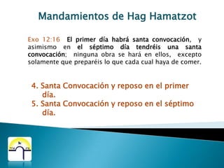 Mandamientos de HagHamatzotExo 12:15  Siete días comeréis panes sin levadura;  y así el primer día haréis que no haya levadura en vuestras casas;  porque cualquiera que comiere leudado desde el primer día hasta el séptimo,  será cortado de Israel.Exo 12:19  Por siete días no se hallará levadura en vuestras casas;  porque cualquiera que comiere leudado,  así extranjero como natural del país,  será cortado de la congregación de Israel.Exo 12:20  Ninguna cosa leudada comeréis;  en todas vuestras habitaciones comeréis panes sin levadura. Comer por siete días Matzot. Por esos siete días no deber existir nada con Jametz en       nuestras casas. No comer en esos siete días nada con Jametz.