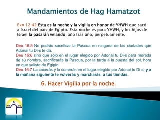 Mandamientos de HagHamatzotExo 12:16  El primer día habrá santa convocación,  y asimismo en el séptimo día tendréis una santa convocación;  ninguna obra se hará en ellos,  excepto solamente que preparéis lo que cada cual haya de comer.4. Santa Convocación y reposo en el primer día.5. Santa Convocación y reposo en el séptimo día.