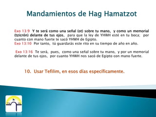 Mandamientos de HagHamatzotExo 12:43  Y YHWH dijo a Moisés y a Aarón:  Esta es la ordenanza de la pascua;  ningún extraño comerá de ella.Exo 12:44  Mas todo siervo humano comprado por dinero comerá de ella,  después que lo hubieres circuncidado.Exo 12:45  El extranjero y el jornalero no comerán de ella. Exo 12:47  Toda la congregación de Israel lo hará.Exo 12:48  Mas si algún extranjero morare contigo,  y quisiere celebrar la pascua para YHWH,  séale circuncidado todo varón,  y entonces la celebrará,  y será como uno de vuestra nación;  pero ningún incircunciso comerá de ella.Toda la congregación de Israel 7. Deberá comer el cordero de Pesaj.8. Ninguno que no fuera israelita la comerá.9. Si un no israelita quiere comer de Pesaj, deberá circuncidarse primero, y eso lo hará israelita.