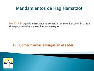 Mandamientos de HagHamatzotLev 23:4 Estas son las solemnidades de YHWH, las reuniones sagradas que convocaréis en las fechas señaladas.Lev 23:5 El mes primero, el día catorce del mes, entre dos luces, será la Pascua de YHWH.Lev 23:6 El quince de este mes se celebrará la fiesta de los Ázimosen honor de YHWH. Durante siete días comeréis panes ázimos.11. Tiene que ser celebrada en la fecha prescrita, según el calendario hebreo bíblico.12. El sacrificio de Pesaj es el día 14 del mes de Aviv.13. HagHamatzot es del día 15 al día 21 del mes de Aviv.14. La Festividad es en honor a YHWH.