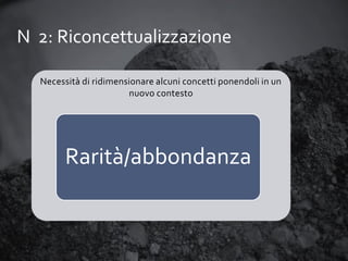 N 2: Riconcettualizzazione
Necessità di ridimensionare alcuni concetti ponendoli in un
nuovo contesto

Rarità/abbondanza

 