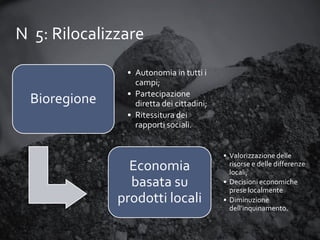 N 5: Rilocalizzare

Bioregione

• Autonomia in tutti i
campi;
• Partecipazione
diretta dei cittadini;
• Ritessitura dei
rapporti sociali.

Economia
basata su
prodotti locali

• Valorizzazione delle
risorse e delle differenze
locali;
• Decisioni economiche
prese localmente
• Diminuzione
dell’inquinamento.

 