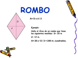 ROMBO A= D x d / 2 Ejemplo: Halla el Área de un rombo que tiene las siguientes medidas: D= 20 m d= 12 m. A= 20 x 12 / 2 = 240 m. cuadrados.