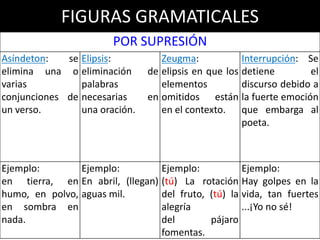 FIGURAS GRAMATICALES
POR ADICIÓN
Pleonasmo:
Se intensifica la
expresión añadiendo
una información
innecesaria.
Enumeración:
consiste en ordenar
una serie de palabras
que están relacionadas
entre sí por el sentido o
por un proceso.
Polisíndeton:
aparecen varias
conjunciones en un
verso o varios versos
consecutivos.
Ejemplo:
Las lágrimas brotaban
de sus ojos.
Ejemplo:
árboles, ramas, hojas,
fruto y flores.
Ejemplo:
¿no divisas un fulgor de
infantes y caballos y
polvo y humo y fulgurar
de acero?
 