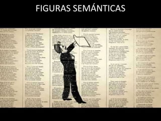 FIGURAS GRAMATICALES
POR REPETICIÓN
Calambur:
Consiste en agrupar palabras para
dar como resultado un término
nuevo.
Correlación:
Consiste en repetir una estructura
similar en dos versos a través de la
colocación de palabras que tienen
una relación semántica entre sí.
Ejemplo:
Oro parece plata no es… (plátano)
Ejemplo:
Tus bellos ojos y tu dulce boca
De luz divina y oloroso aliento.
 