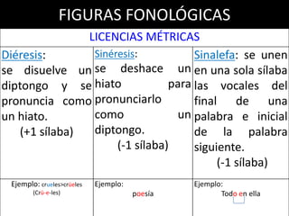 FIGURAS FONOLÓGICAS
LICENCIAS MÉTRICAS
Diéresis:
se disuelve un
diptongo y se
pronuncia como
un hiato.
(+1 sílaba)
Sinéresis:
se deshace un
hiato para
pronunciarlo
como un
diptongo.
(-1 sílaba)
Sinalefa: se unen
en una sola sílaba
las vocales del
final de una
palabra e inicial
de la palabra
siguiente.
(-1 sílaba)
Ejemplo: crueles>crüeles
(Crü-e-les)
Ejemplo:
poesía
Ejemplo:
Todo en ella
 