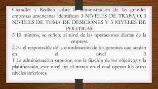 Chandler y Redlich sobre la administración de las grandes
empresas americanas identifican 3 NIVELES DE TRABAJO, 3
NIVELES DE TOMA DE DESICIONES Y 3 NIVELES DE
POLITICAS
3 El mínimo, se refiere al nivel de las operaciones diarias de la
empresa
2 Es el responsable de la coordinación de los gerentes que actúan
en el nivel 3
1 La administración superior, son la fijación de los objetivos y la
planificación, este nivel fija el marco en el cual operan los otros
niveles inferiores.
 