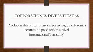 CORPORACIONES DIVERSIFICADAS
Producen diferentes bienes o servicios, en diferentes
centros de producción a nivel
internacional(Samsung)
 