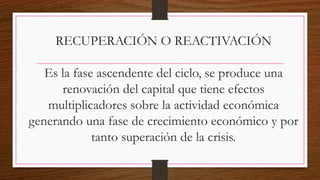 RECUPERACIÓN O REACTIVACIÓN
Es la fase ascendente del ciclo, se produce una
renovación del capital que tiene efectos
multiplicadores sobre la actividad económica
generando una fase de crecimiento económico y por
tanto superación de la crisis.
 